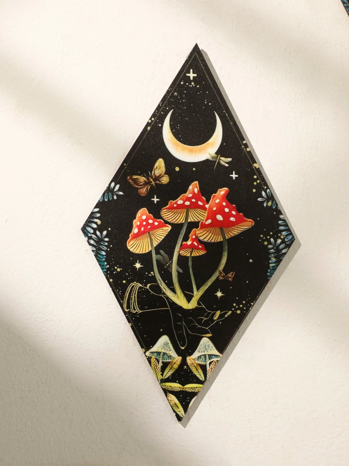 Wooden Boho Wall Hanging – Mushroom & Butterfly Pattern Rhomboid Decor for Witchy Vibes