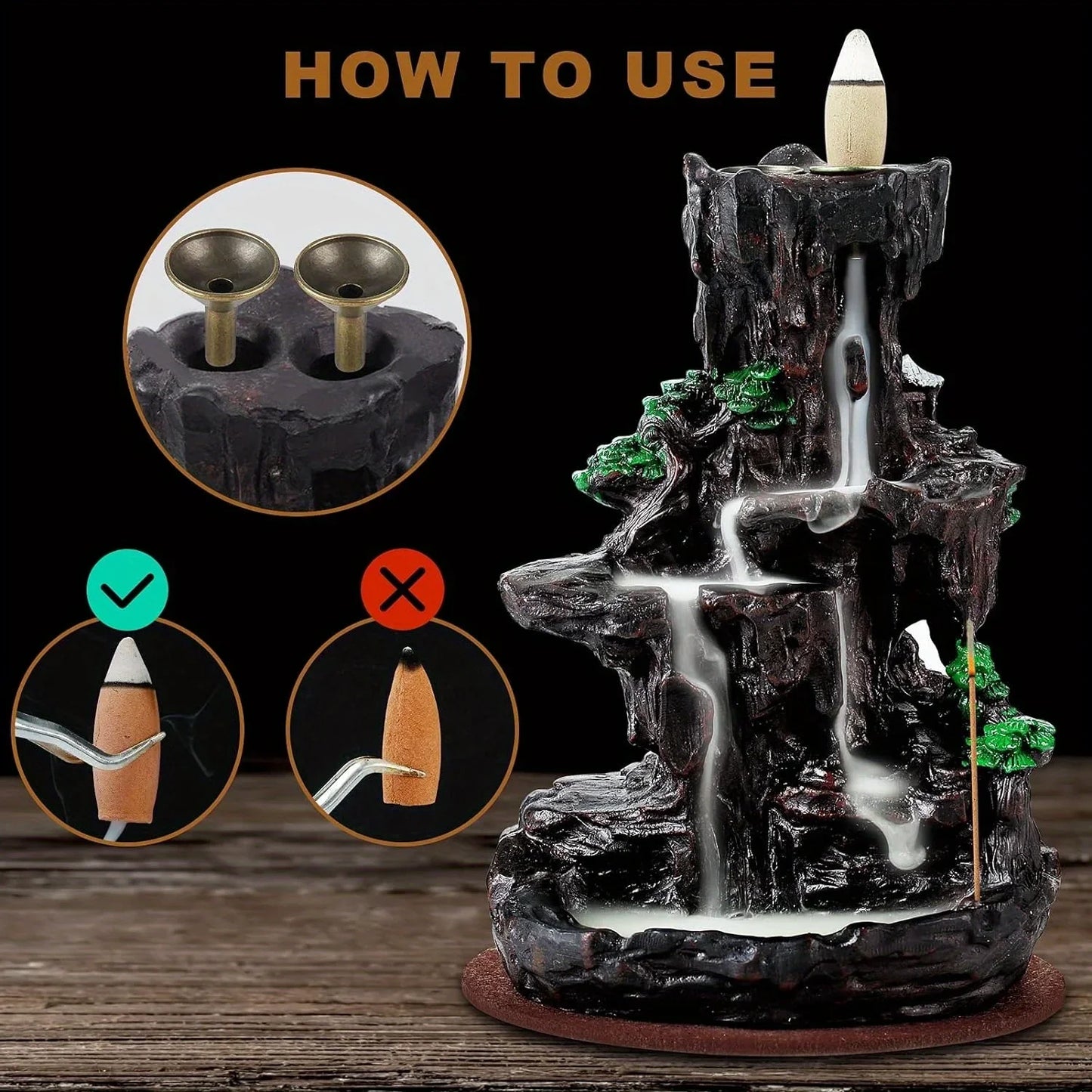 Waterfall Backflow Incense Burner with 120 Cones & 30 Sticks – Dual-Sided Aromatherapy Decor