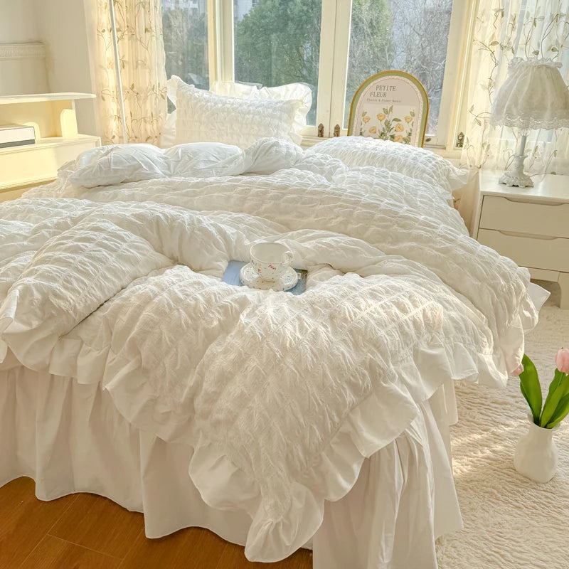 Korean Princess Lace Ruffle Bedding Set – Soft Seersucker Duvet Cover & Pillowcases