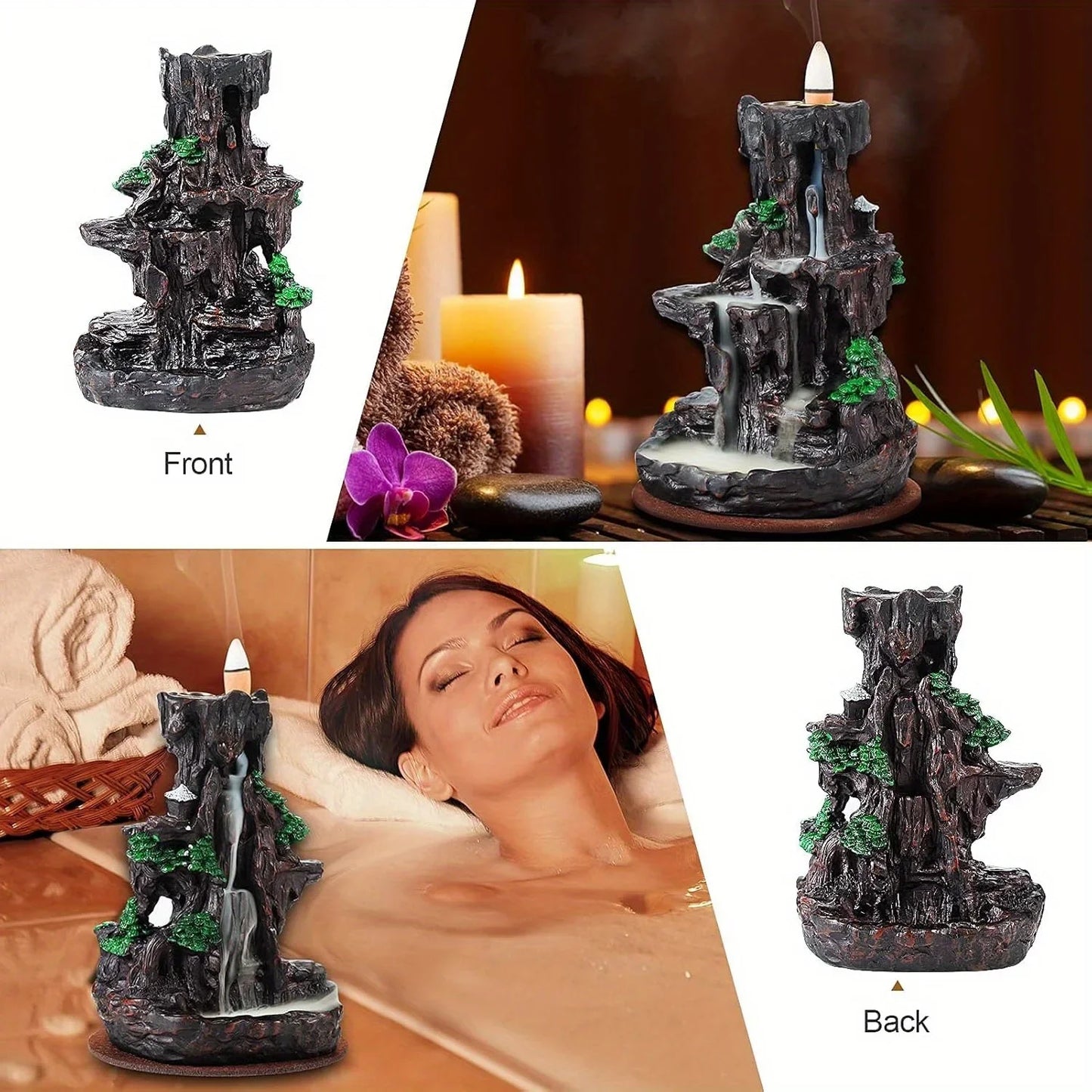 Waterfall Backflow Incense Burner with 120 Cones & 30 Sticks – Dual-Sided Aromatherapy Decor
