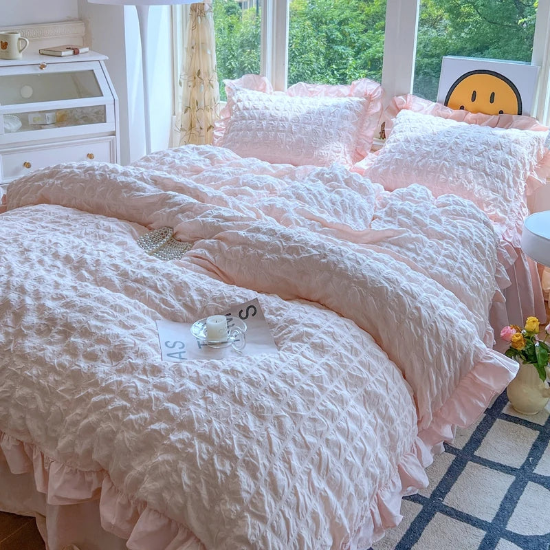 Korean Princess Lace Ruffle Bedding Set – Soft Seersucker Duvet Cover & Pillowcases