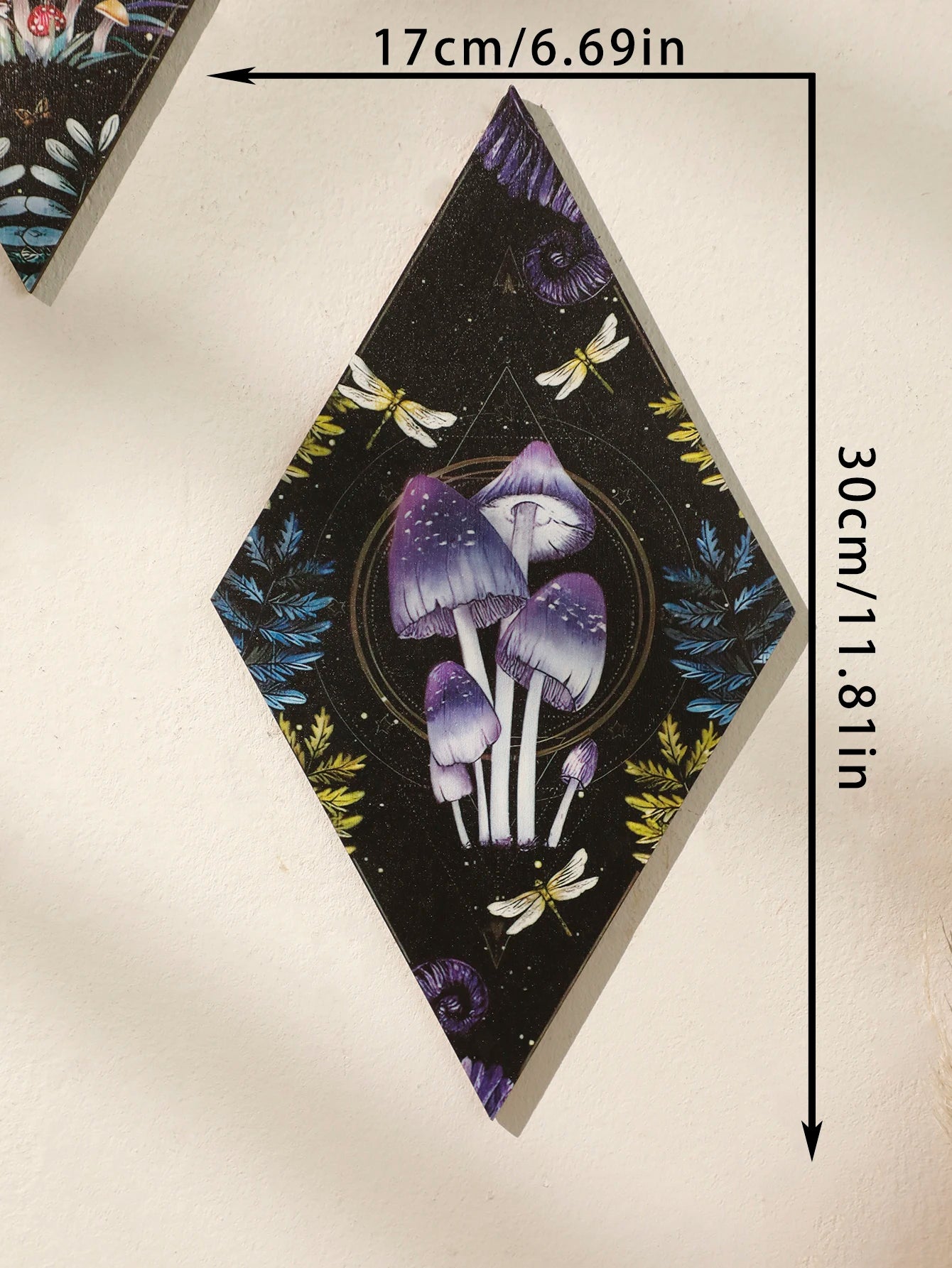 Wooden Boho Wall Hanging – Mushroom & Butterfly Pattern Rhomboid Decor for Witchy Vibes