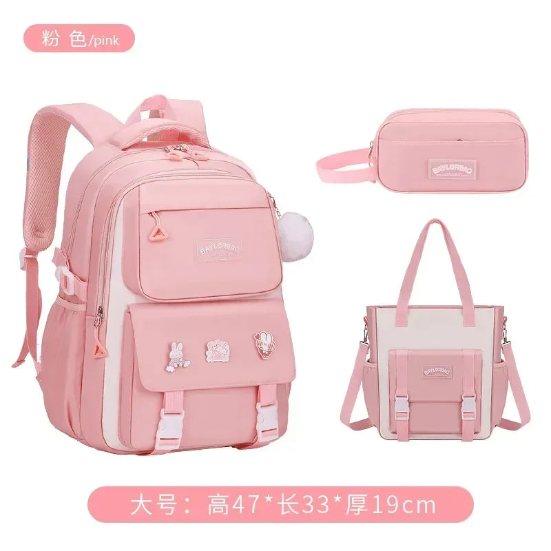 New Pink Large Capacity Spine Protection Backpack for Middle and High School Students with Hanging Accessories Girls Children's