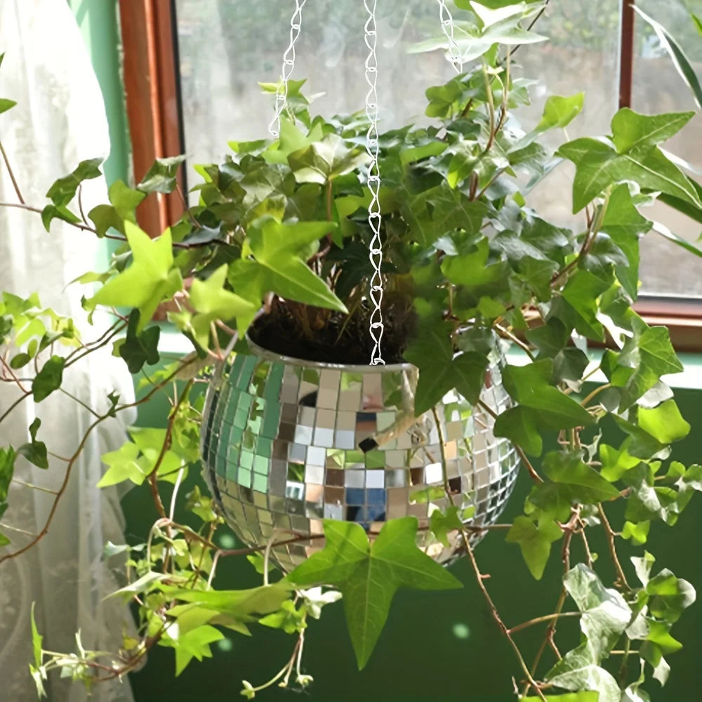 1pc Unique Handcrafted Bohemian-Inspired Hanging Disco Mirror Ball Planter - Self-Watering, Space-Saving, Stylish Home Decor for