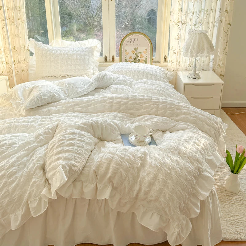 Korean Princess Lace Ruffle Bedding Set – Soft Seersucker Duvet Cover & Pillowcases