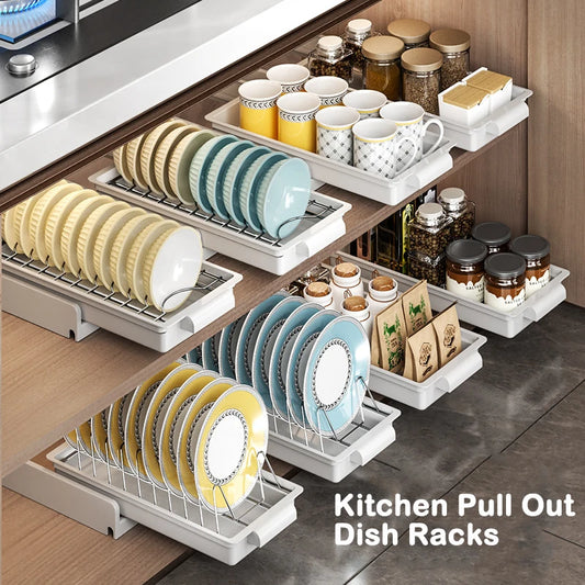Kitchen Pull-Out Dish Rack with Drainboard – Sliding Mesh Cabinet Basket Organizer for Drawer Storage & Accessories