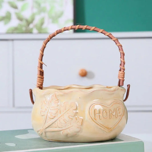 Corrosion-resistant Ceramic Succulent Planter With Handle Breathable Creative Flower Pot Decorative Nordic Flowerpot Ornament