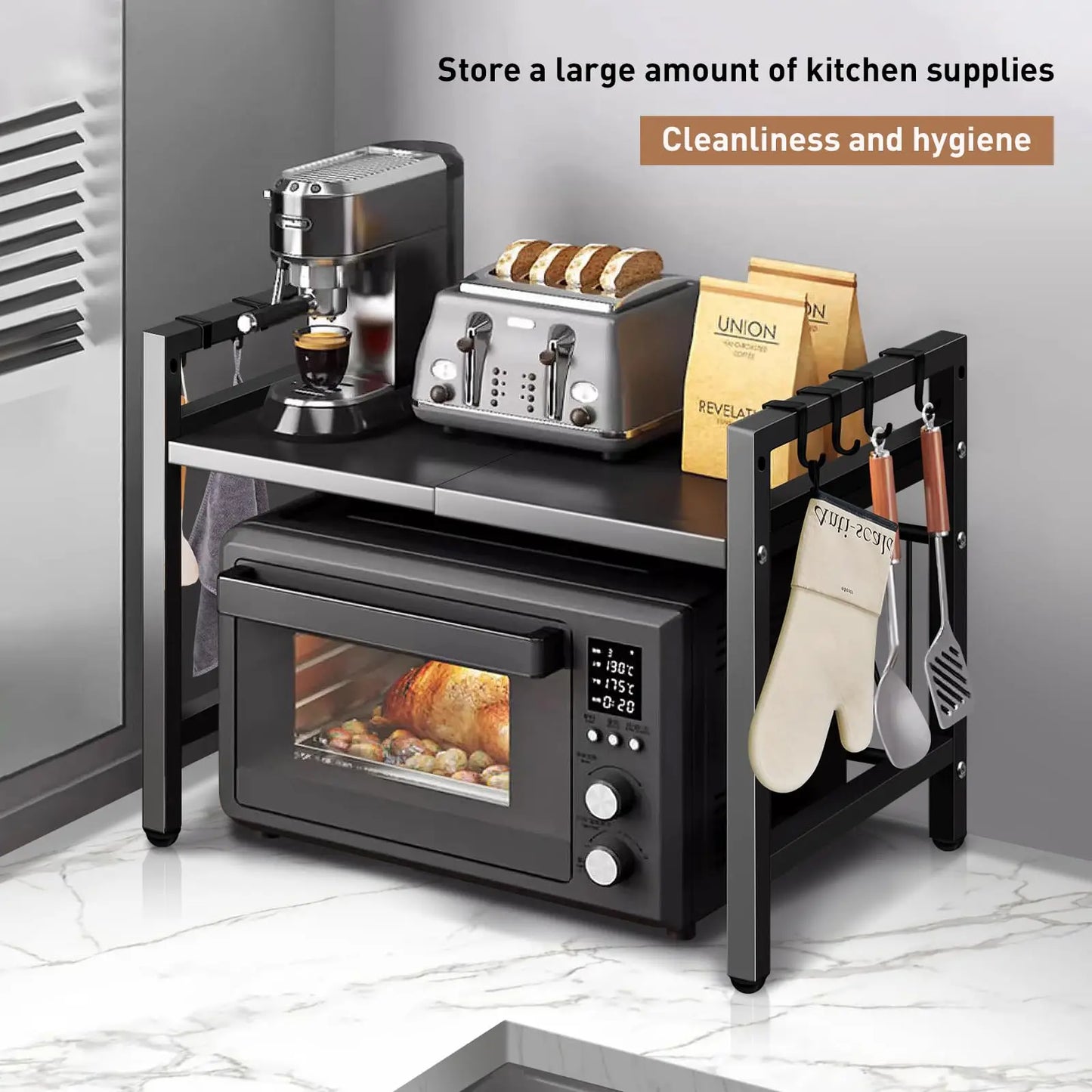 Expandable Microwave Shelf Organizer (42–64cm) – Rust & Moisture-Proof Countertop Rack for Tableware Storage
