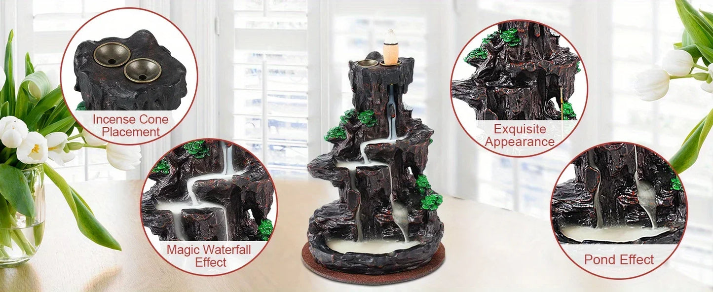 Waterfall Backflow Incense Burner with 120 Cones & 30 Sticks – Dual-Sided Aromatherapy Decor