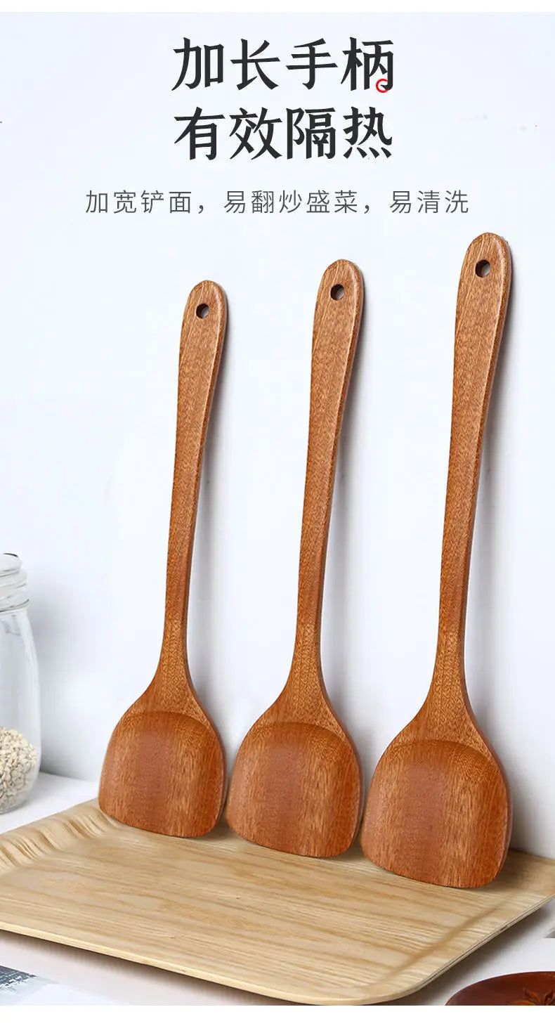 Wooden Spatula Wooden Spoon Frying Spatula Solid Wood High Temperature Resistant Soup Spoon No Paint No Wax Natural Material