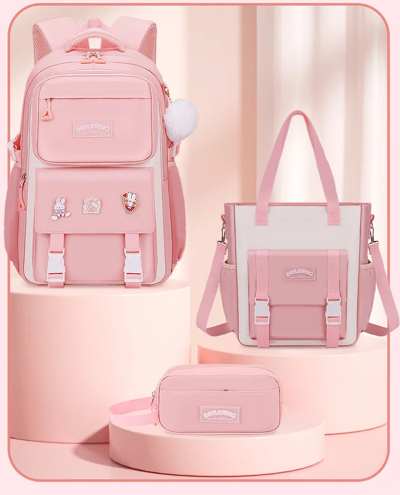 New Pink Large Capacity Spine Protection Backpack for Middle and High School Students with Hanging Accessories Girls Children's