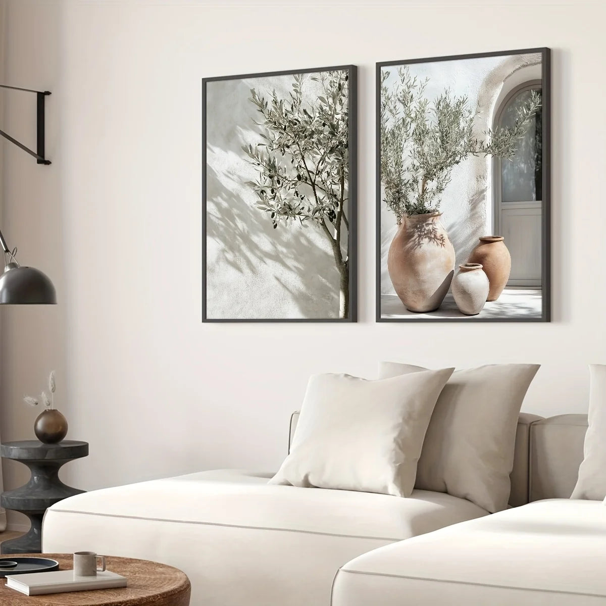 2pcs Olive Tree Shadow Vase Canvas Prints – Retro Botanical Landscape Wall Art Posters for Home Décor & Gifts