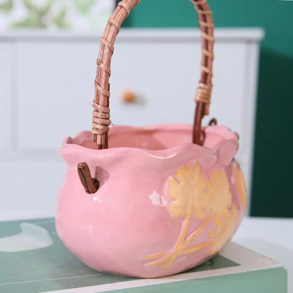 Corrosion-resistant Ceramic Succulent Planter With Handle Breathable Creative Flower Pot Decorative Nordic Flowerpot Ornament