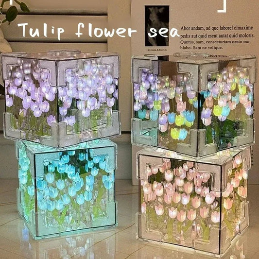 DIY Tulip Cube Lamp Simulation Flower Bedroom Sleeping Table Lamp Handmade Craft Tulips Night Light Birthday Gift - Thrifty Delights