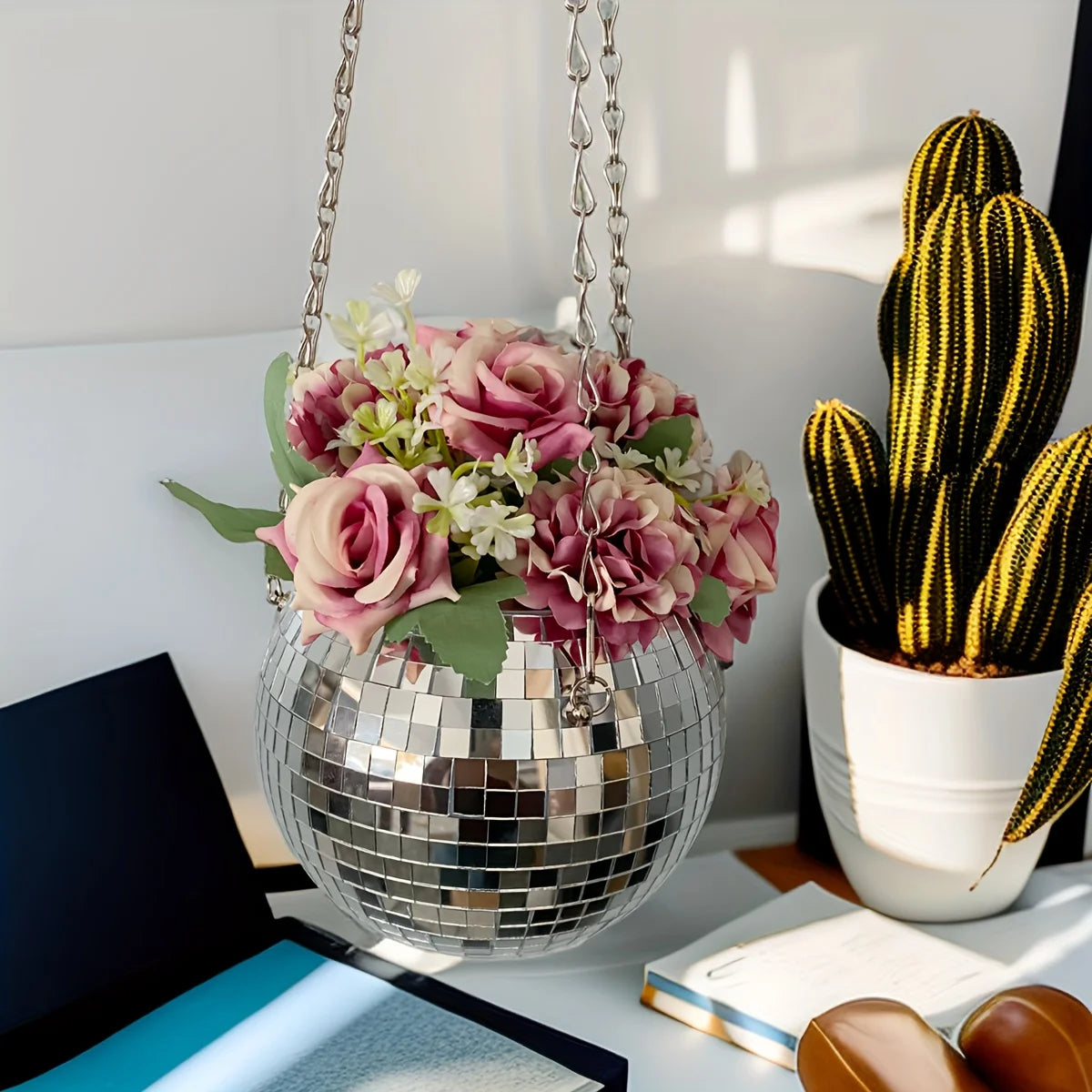 1pc Unique Handcrafted Bohemian-Inspired Hanging Disco Mirror Ball Planter - Self-Watering, Space-Saving, Stylish Home Decor for