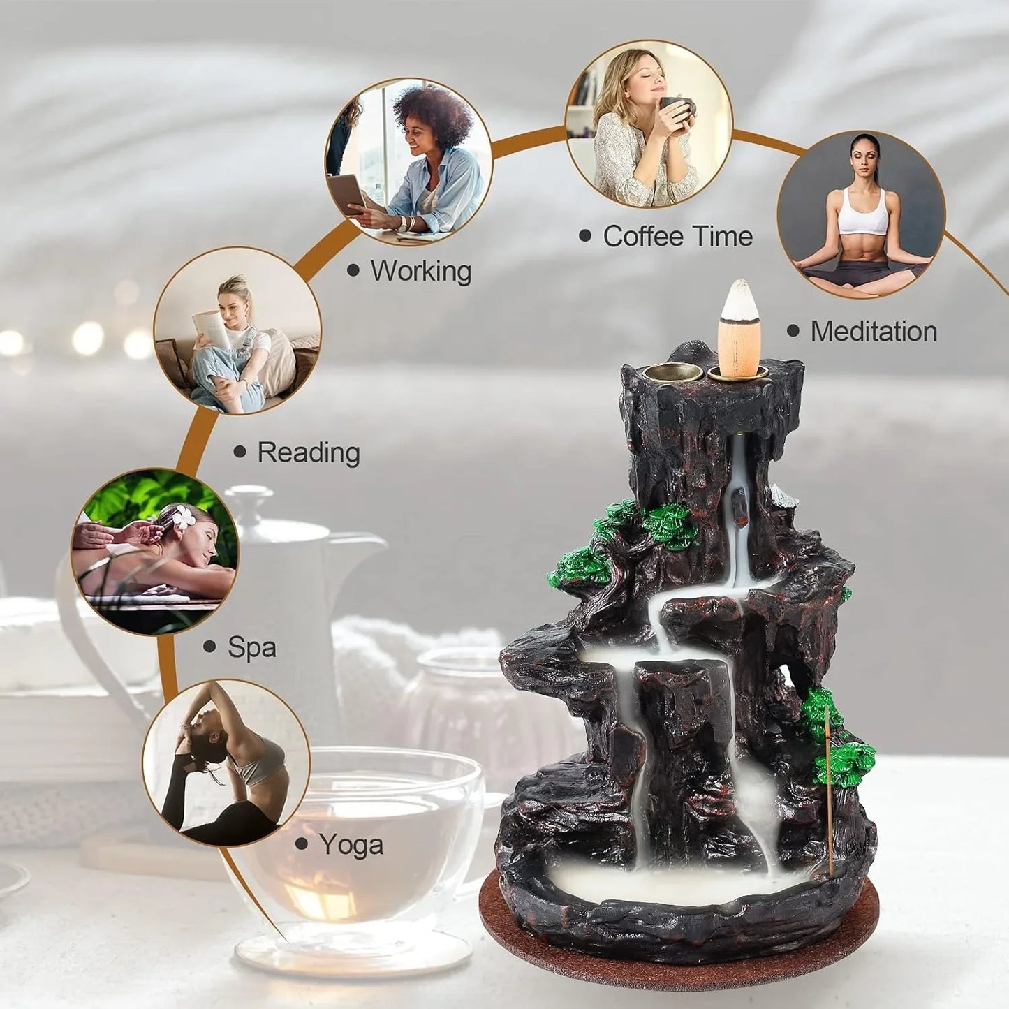 Waterfall Backflow Incense Burner with 120 Cones & 30 Sticks – Dual-Sided Aromatherapy Decor