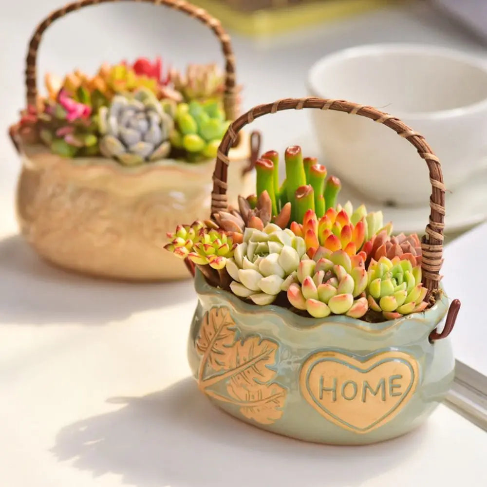 Corrosion-resistant Ceramic Succulent Planter With Handle Breathable Creative Flower Pot Decorative Nordic Flowerpot Ornament