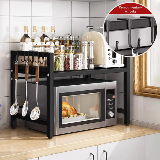 Expandable Microwave Shelf Organizer (42–64cm) – Rust & Moisture-Proof Countertop Rack for Tableware Storage