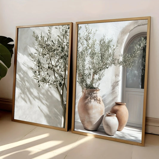 2pcs Olive Tree Shadow Vase Canvas Prints – Retro Botanical Landscape Wall Art Posters for Home Décor & Gifts