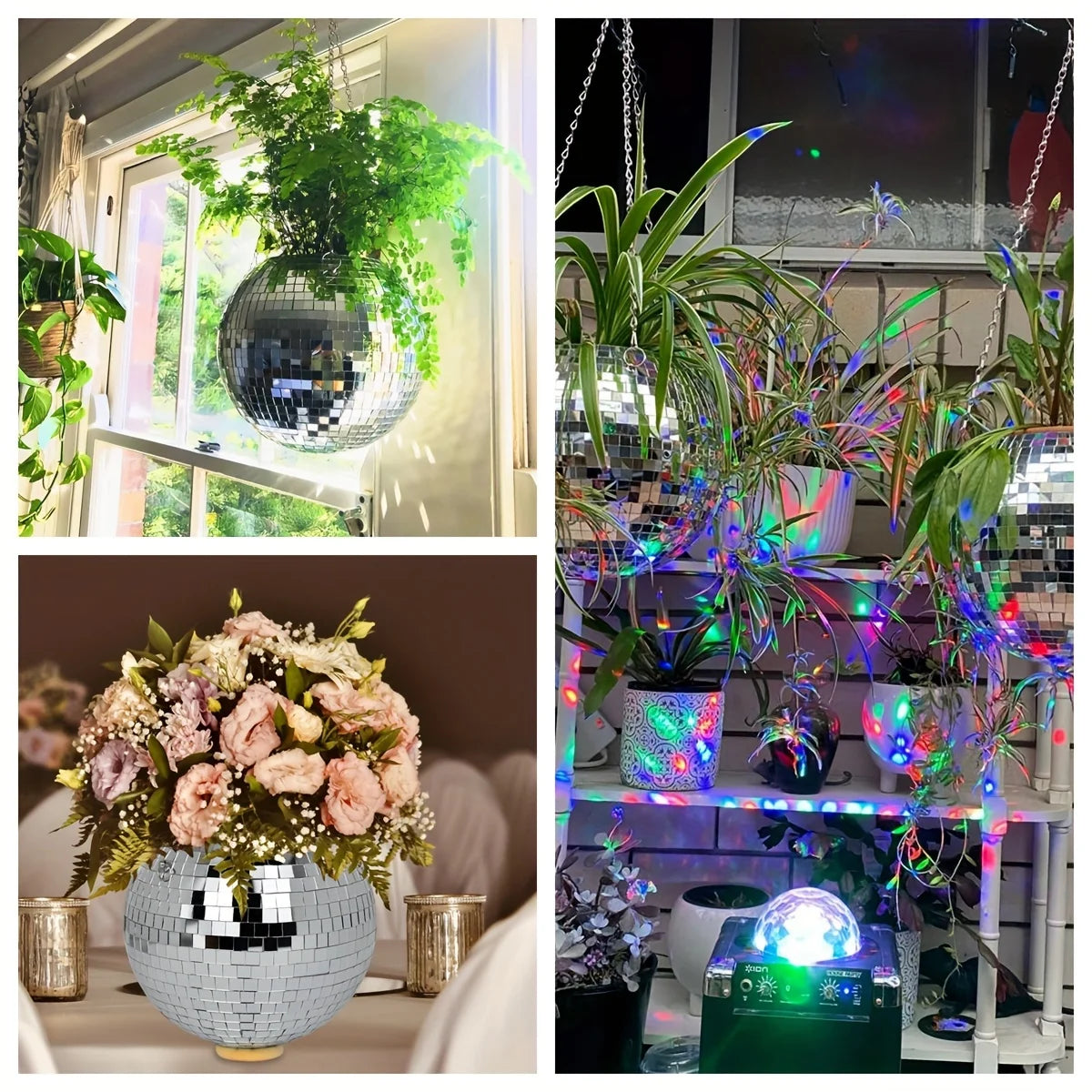 1pc Unique Handcrafted Bohemian-Inspired Hanging Disco Mirror Ball Planter - Self-Watering, Space-Saving, Stylish Home Decor for
