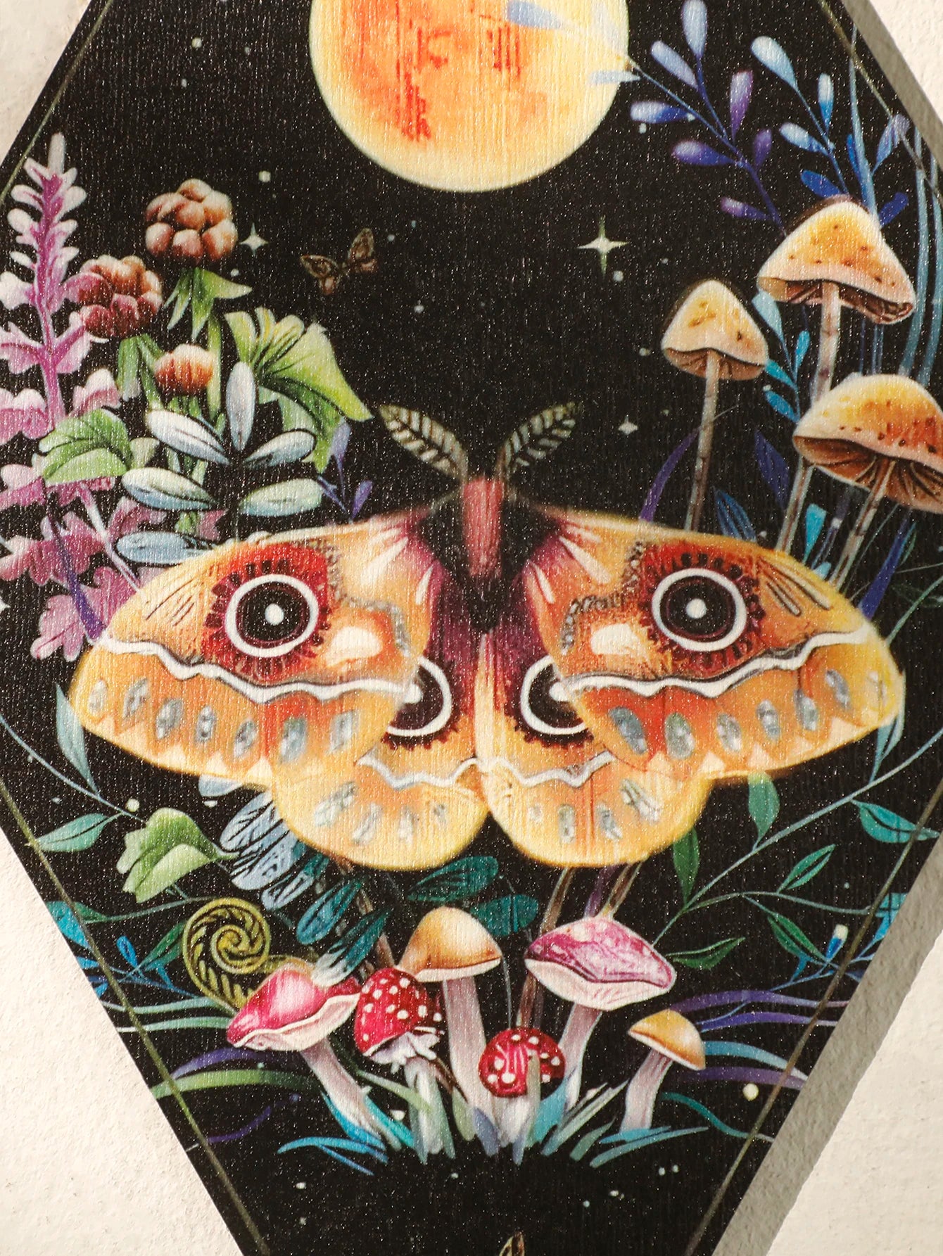 Wooden Boho Wall Hanging – Mushroom & Butterfly Pattern Rhomboid Decor for Witchy Vibes