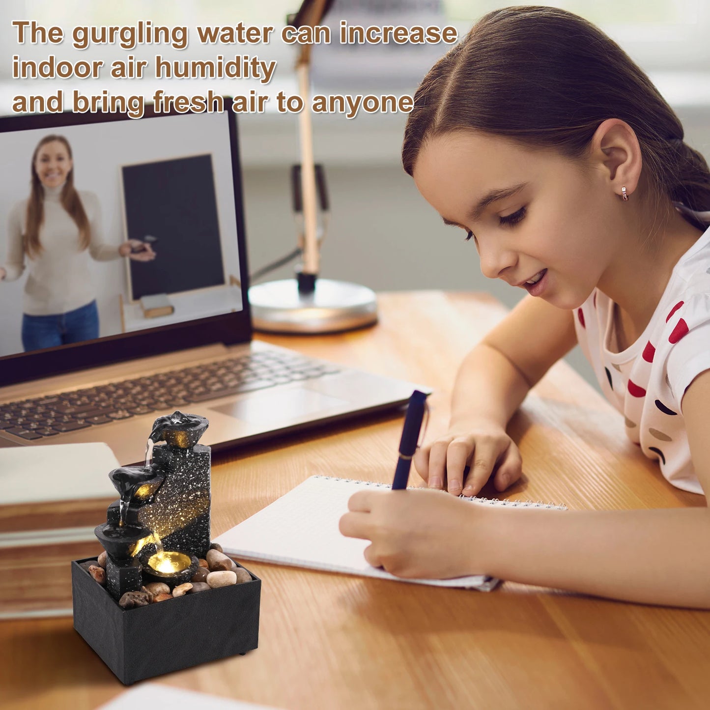 Tabletop Water Fountain, with Soft Lights Decorative Creative Flowing Water Ornaments Landscape Deco Indoor Zen Relaxation