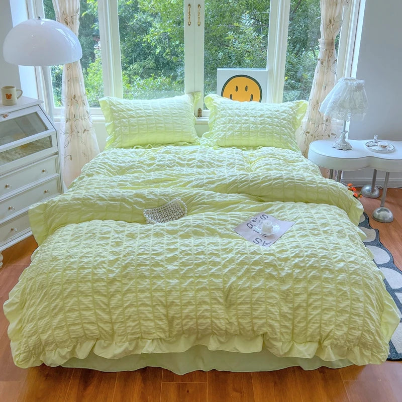 Korean Princess Lace Ruffle Bedding Set – Soft Seersucker Duvet Cover & Pillowcases