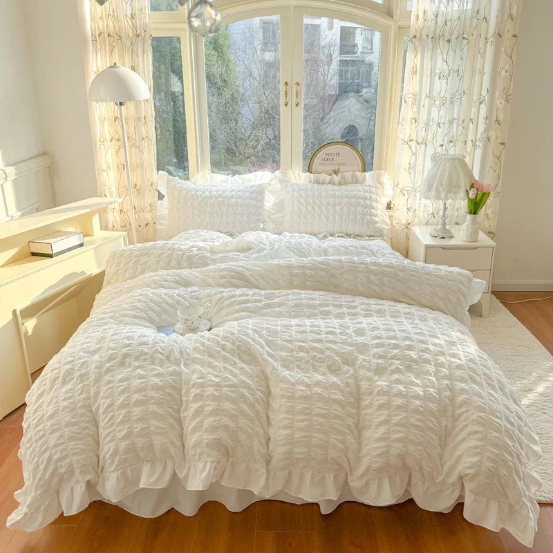 Korean Princess Lace Ruffle Bedding Set – Soft Seersucker Duvet Cover & Pillowcases