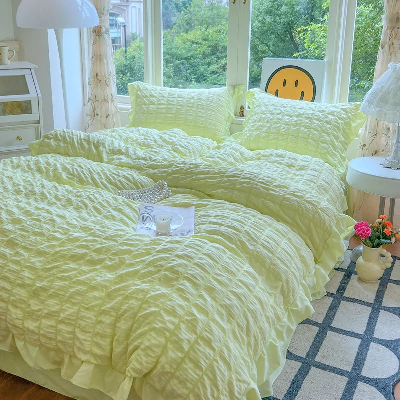 Korean Princess Lace Ruffle Bedding Set – Soft Seersucker Duvet Cover & Pillowcases