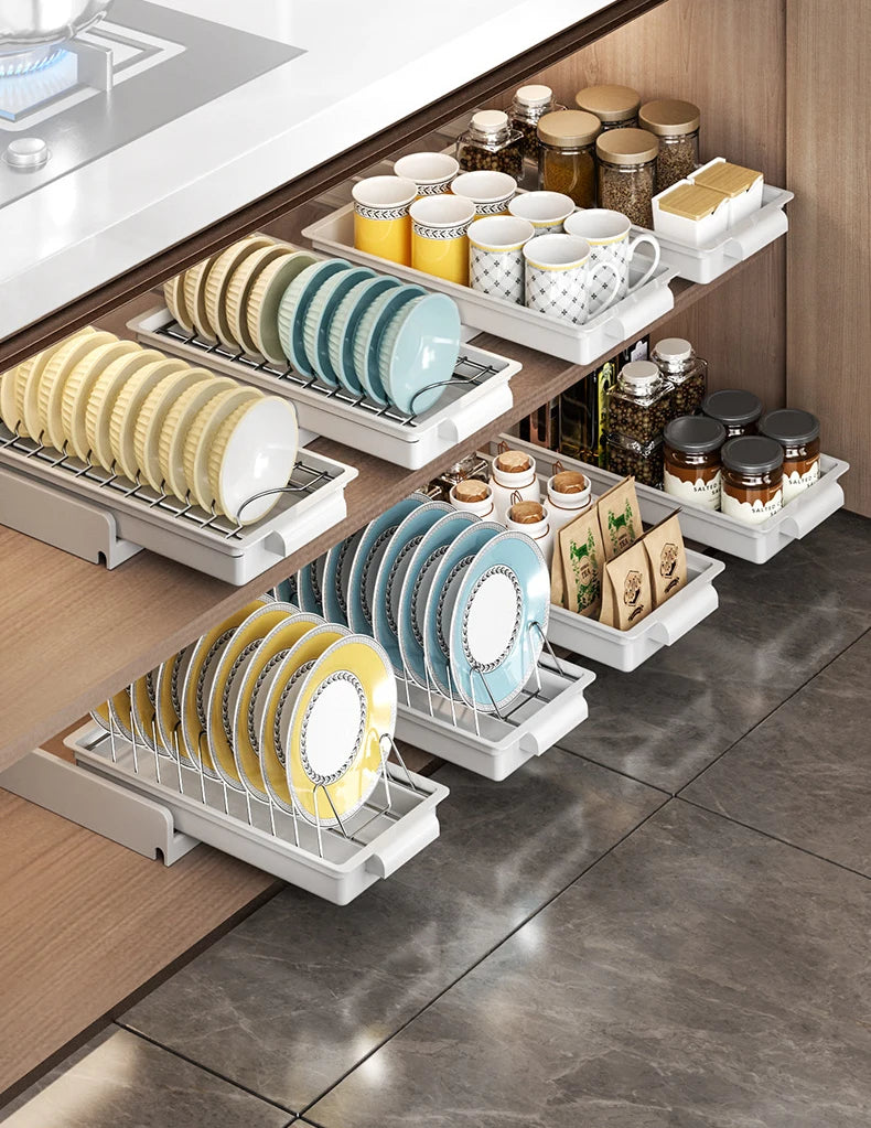 Kitchen Pull-Out Dish Rack with Drainboard – Sliding Mesh Cabinet Basket Organizer for Drawer Storage & Accessories