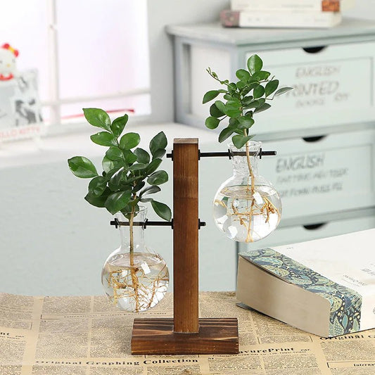 Terrarium Hydroponic Plant Vases Vintage Flower Pot Transparent Vase Wooden Frame Glass Tabletop Plants Home Bonsai Decor - Thrifty Delights