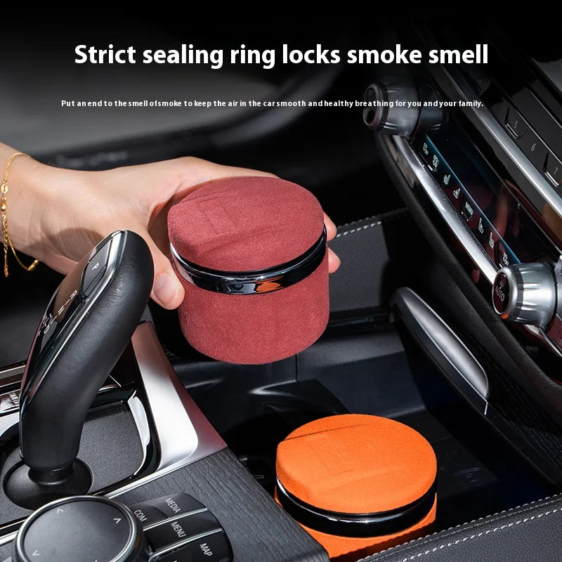 Elk Leather Car Ashtray – Universal Luxury Car Ashtray with LED Light & Ceramic Liner, Suede Finish