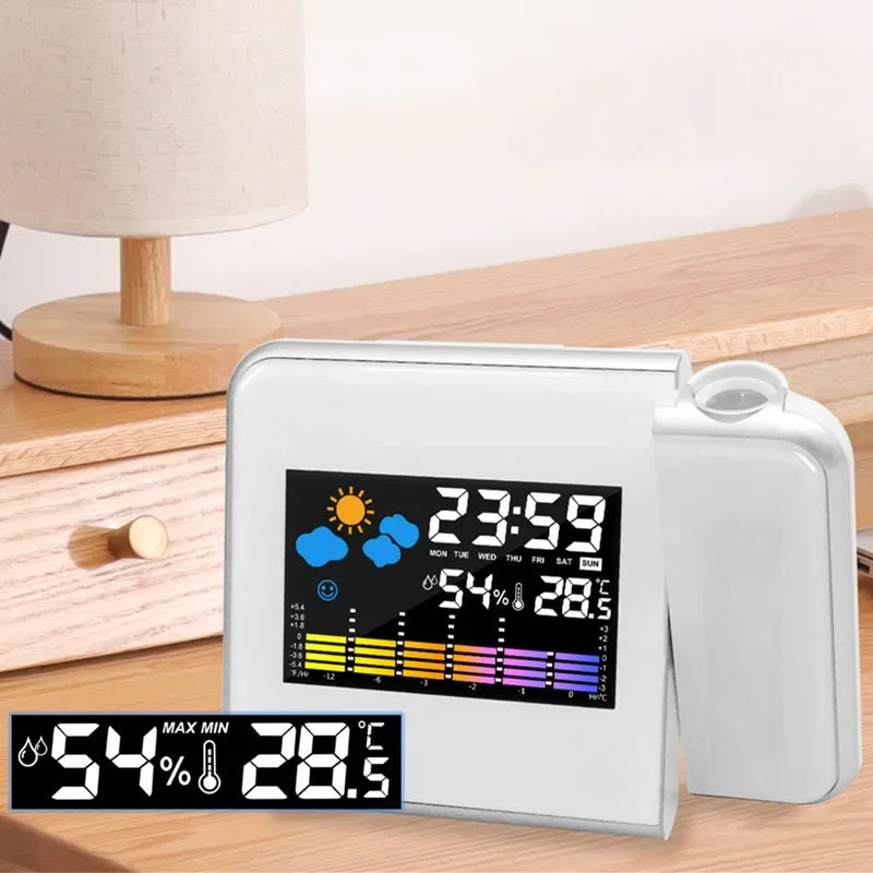 Color LCD Digital Projection Alarm Clock Temperature Thermometer Humidity Hygrometer Desk LED Time Projector Calendar