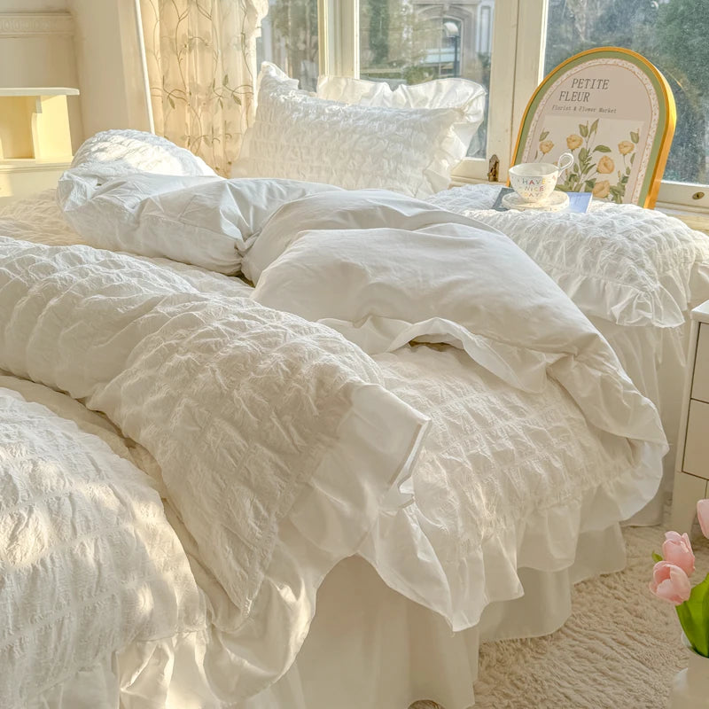 Korean Princess Lace Ruffle Bedding Set – Soft Seersucker Duvet Cover & Pillowcases