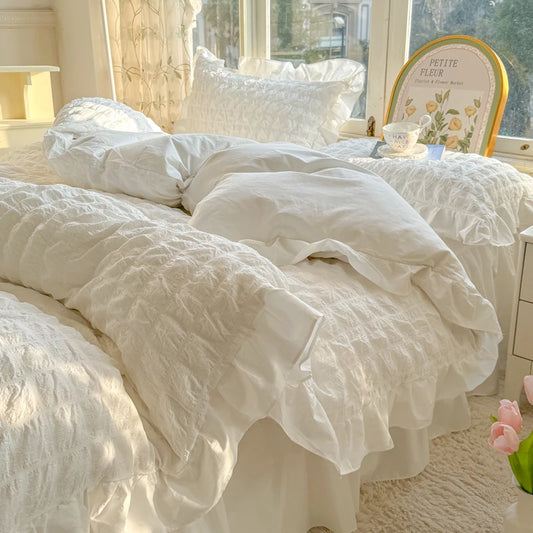 Korean Princess Lace Ruffle Bedding Set – Soft Seersucker Duvet Cover & Pillowcases