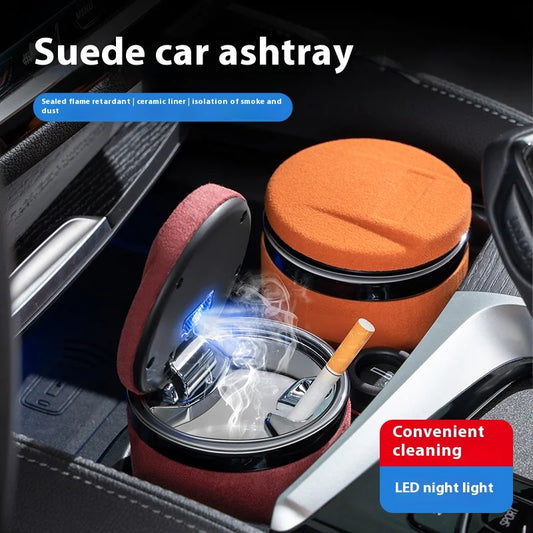 Elk Leather Car Ashtray – Universal Luxury Car Ashtray with LED Light & Ceramic Liner, Suede Finish
