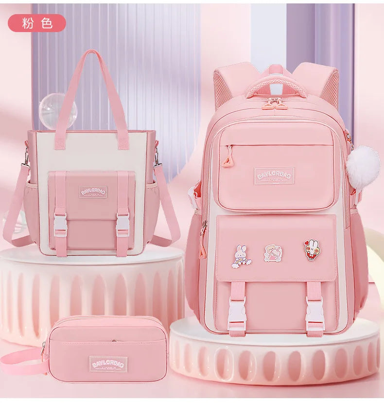 New Pink Large Capacity Spine Protection Backpack for Middle and High School Students with Hanging Accessories Girls Children's