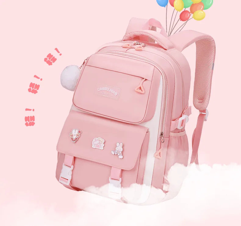 New Pink Large Capacity Spine Protection Backpack for Middle and High School Students with Hanging Accessories Girls Children's