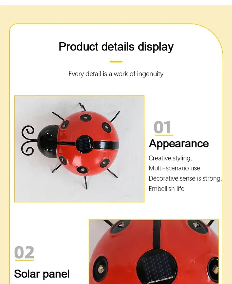 Solar Ladybug Light Outdoor Waterproof LED Garden Decor Wall Hanging Lawn Pathway Landscape Lighting for Yard Patio Statue