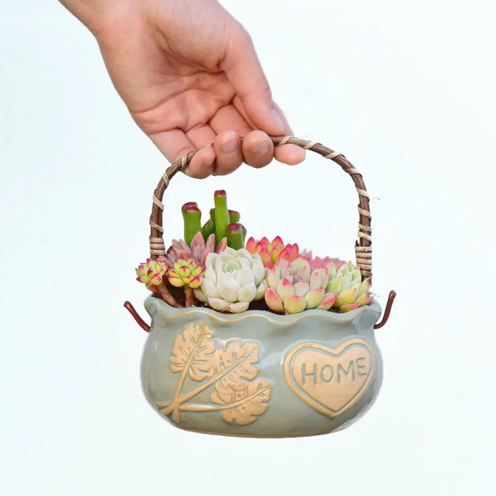 Corrosion-resistant Ceramic Succulent Planter With Handle Breathable Creative Flower Pot Decorative Nordic Flowerpot Ornament