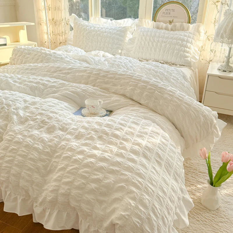 Korean Princess Lace Ruffle Bedding Set – Soft Seersucker Duvet Cover & Pillowcases