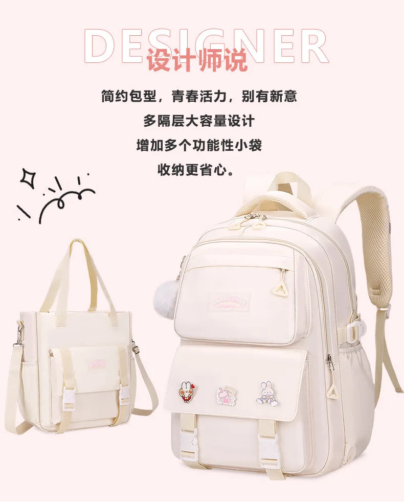 New Pink Large Capacity Spine Protection Backpack for Middle and High School Students with Hanging Accessories Girls Children's