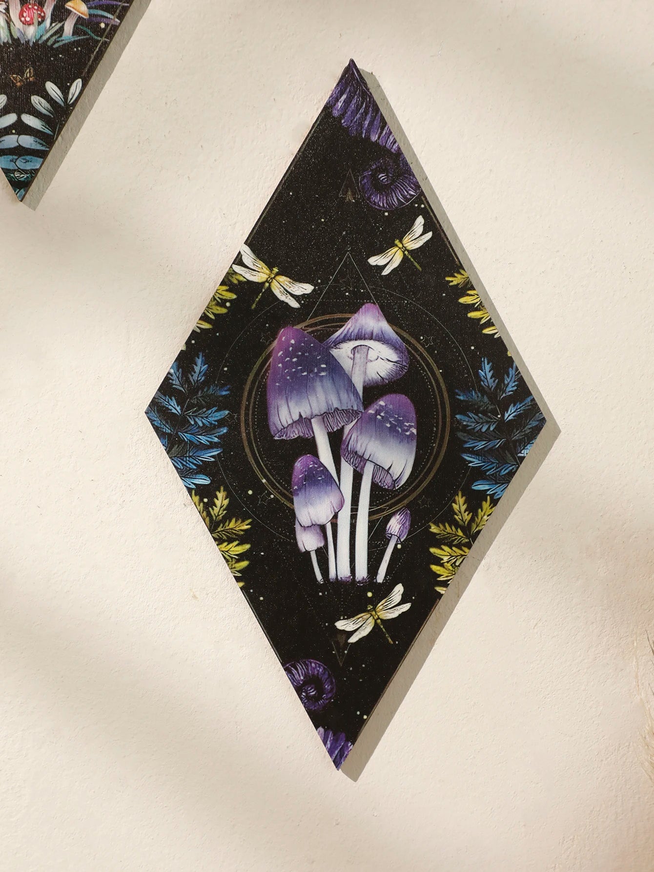 Wooden Boho Wall Hanging – Mushroom & Butterfly Pattern Rhomboid Decor for Witchy Vibes