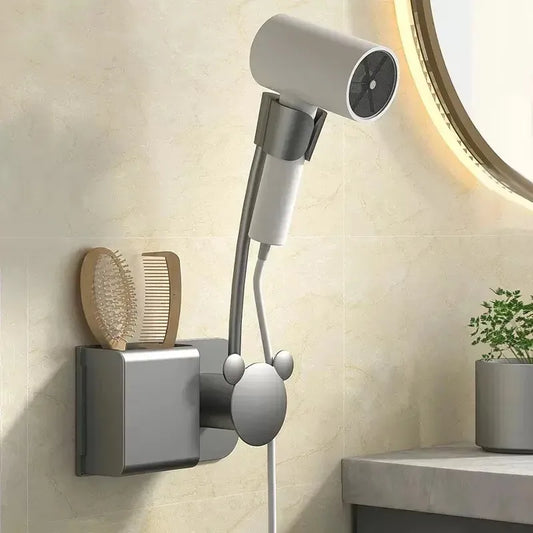 Adjustable Wall-Mounted Hair Dryer Holder – No Punching, Hands-Free Storage Rack with Universal Air Duct Design
