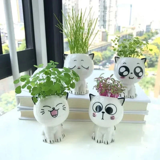 1pc Ceramic Flowerpot Mini Cat Cartoon Cute Plant Desktop Potted Plant Pot DIY Decorate Toys Science Education School Gifts - Thrifty Delights