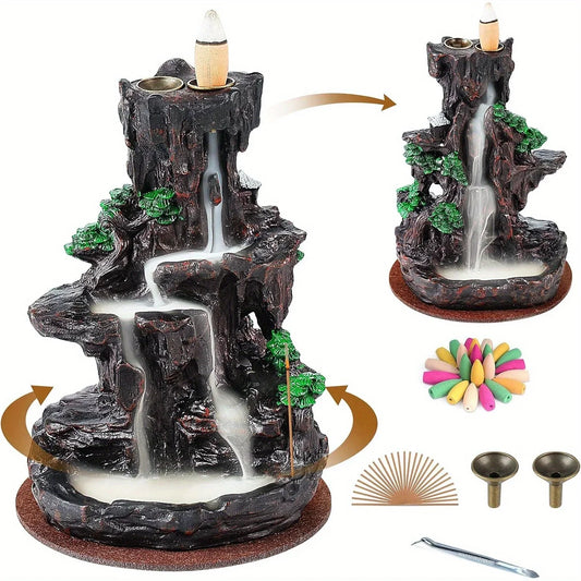 Waterfall Backflow Incense Burner with 120 Cones & 30 Sticks – Dual-Sided Aromatherapy Decor