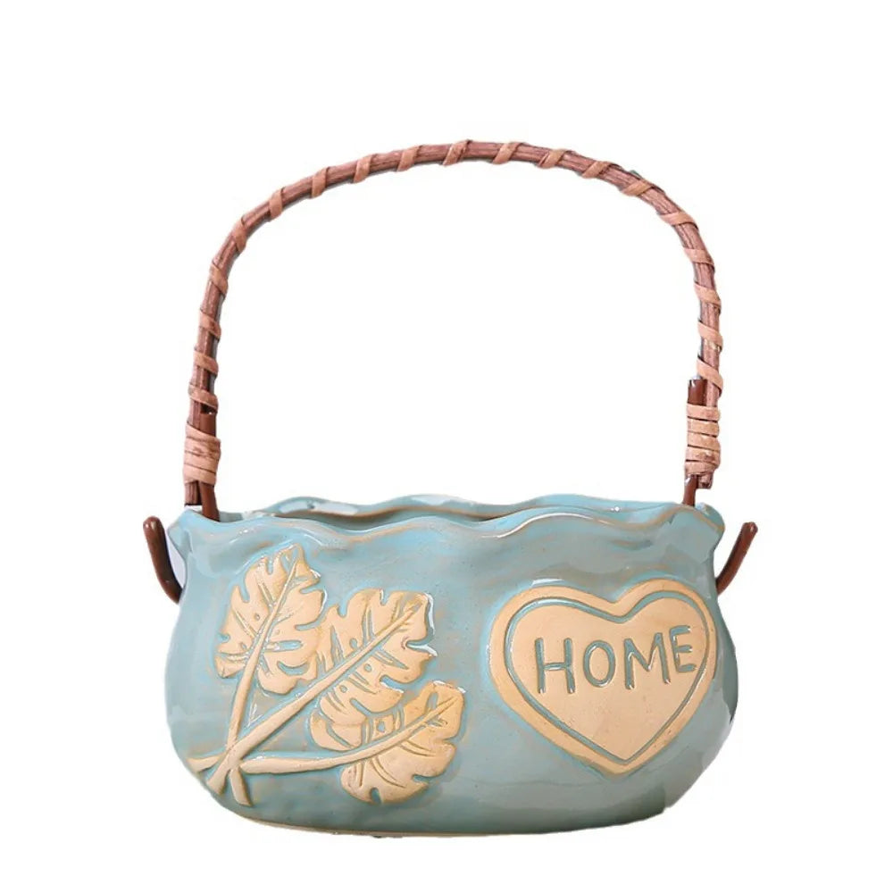 Corrosion-resistant Ceramic Succulent Planter With Handle Breathable Creative Flower Pot Decorative Nordic Flowerpot Ornament