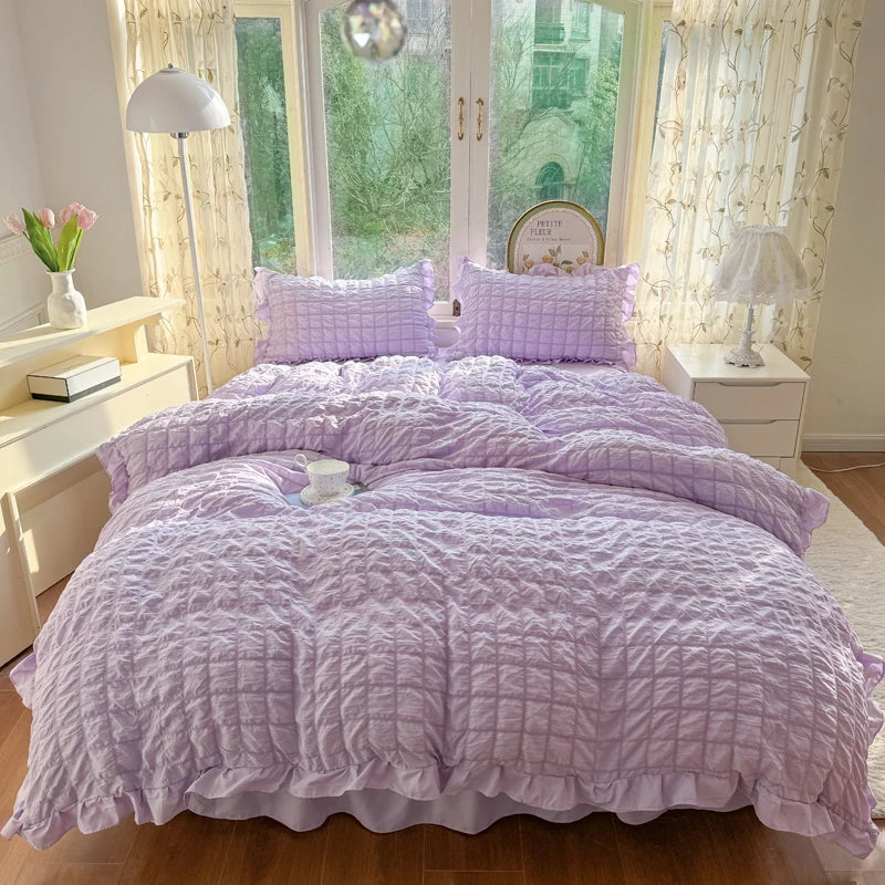 Korean Princess Lace Ruffle Bedding Set – Soft Seersucker Duvet Cover & Pillowcases