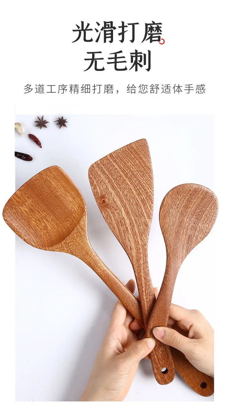 Wooden Spatula Wooden Spoon Frying Spatula Solid Wood High Temperature Resistant Soup Spoon No Paint No Wax Natural Material