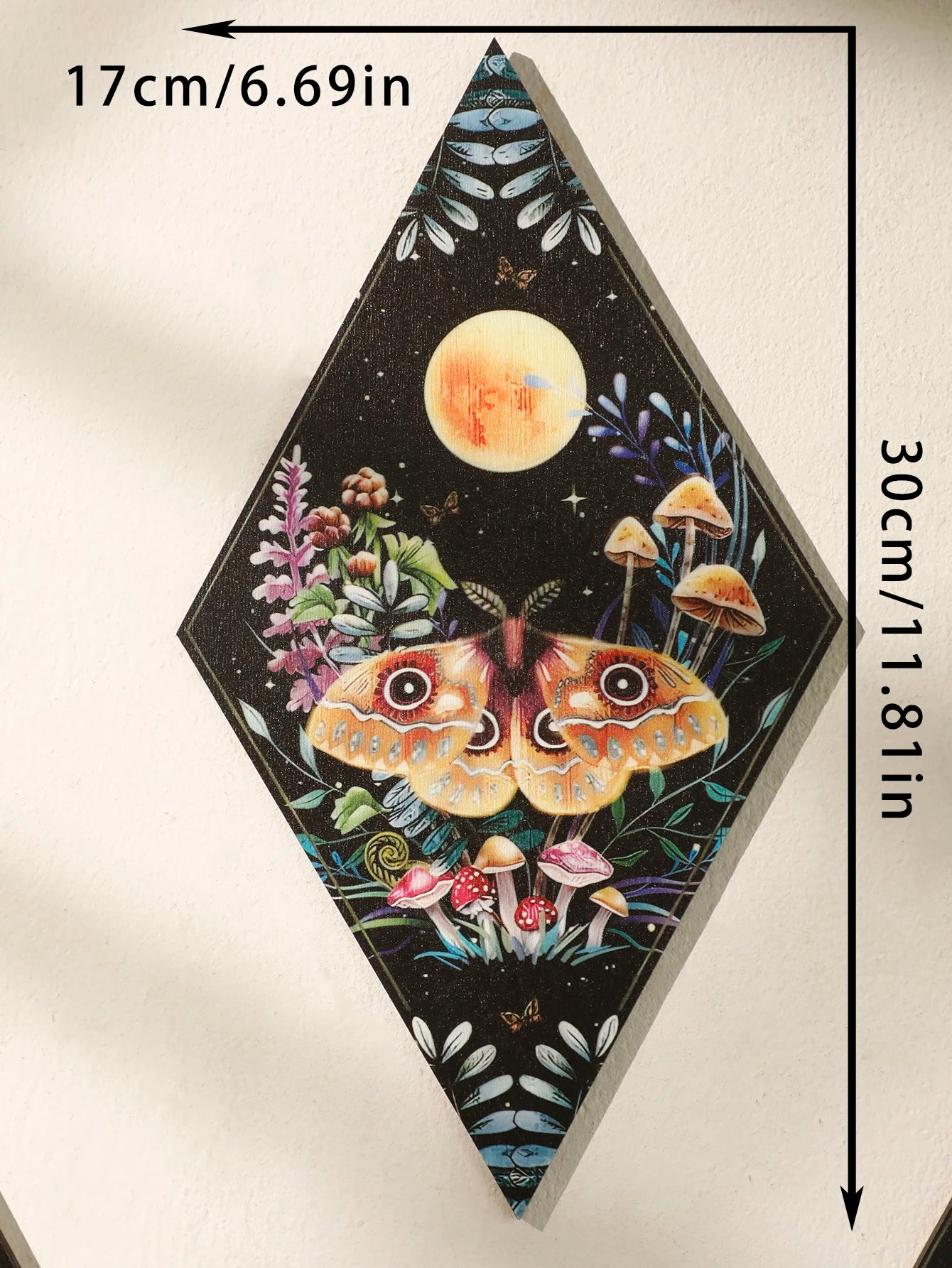 Wooden Boho Wall Hanging – Mushroom & Butterfly Pattern Rhomboid Decor for Witchy Vibes